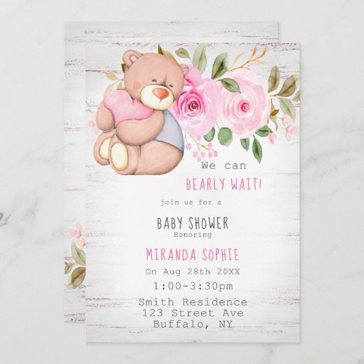 我々は真摯に待つことができるテディベアガールベイビーシャワー 招待状 (正面/裏面)
