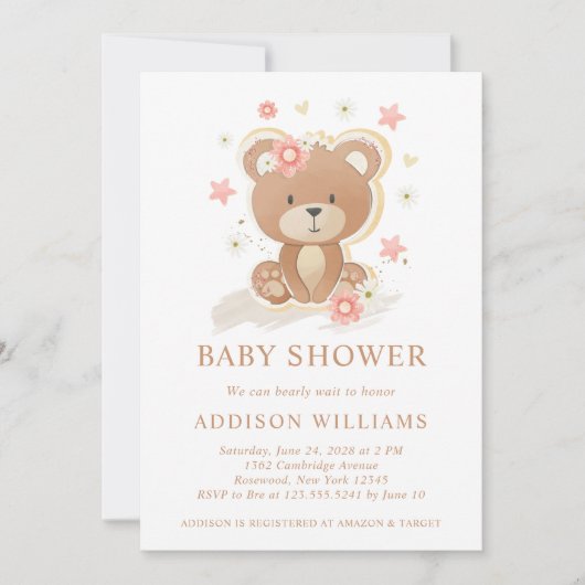 我々は真摯に待つことができるテディベアガールベイビーシャワー 招待状 (正面)