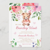 我々は真摯に待つことができるテディベアガールベイビーシャワー 招待状 (正面/裏面)