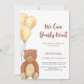 我々は真摯に待つことができるテディベアバルーンベビーシャワー 招待状 (正面)