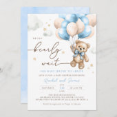 我々は真摯に待つことができるテディベアバルーンベビーシャワー 招待状 (正面/裏面)