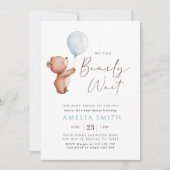 我々は真摯に待つことができるテディベアバルーンベビーシャワー 招待状 (正面)