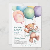 我々は真摯に待つことができるテディベアバルーンベビーシャワー 招待状 (正面)