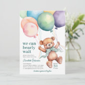 我々は真摯に待つことができるテディベアバルーンベビーシャワー 招待状 (スタンド正面)