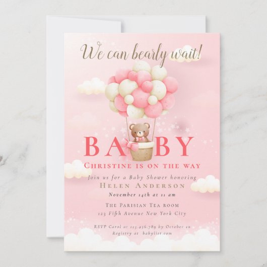 我々は真摯に待つことができるテディベアーガールベイビーシャワー 招待状 (正面)