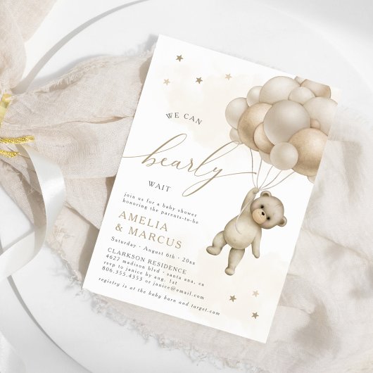我々は真摯に待つことができるテディベア中立シャワー 招待状