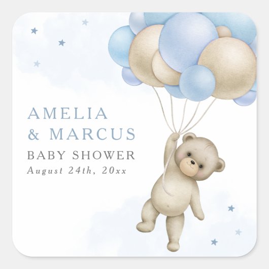 我々は真摯に待つことができるテディベア少年の赤ちゃんシャワー スクエアシール (正面)