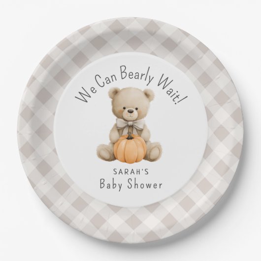我々は真摯に待つことができるテディベア少年の赤ちゃんシャワー ペーパープレート (正面)