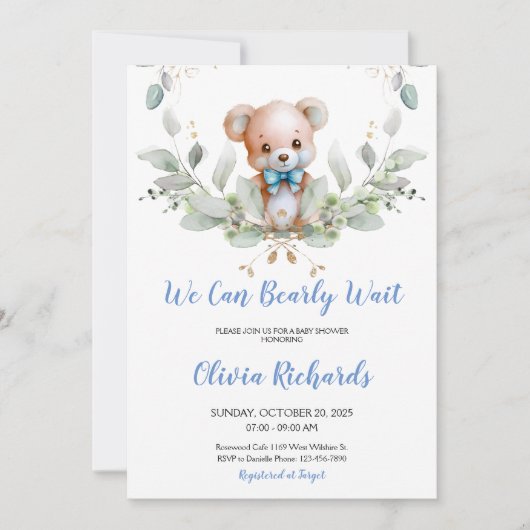 我々は真摯に待つことができるテディベア少年の赤ちゃんシャワー 招待状 (正面)