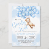 我々は真摯に待つことができるテディベア少年の赤ちゃんシャワー 招待状 (正面)