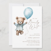 我々は真摯に待つことができるテディベア少年の赤ちゃんシャワー 招待状 (正面)