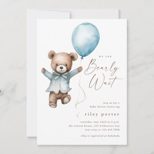 我々は真摯に待つことができるテディベア少年の赤ちゃんシャワー 招待状 (正面)
