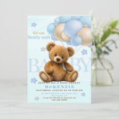 我々は真摯に待つことができるテディベア少年の赤ちゃんシャワー 招待状 (スタンド正面)