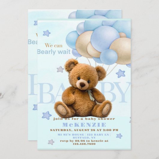 我々は真摯に待つことができるテディベア少年の赤ちゃんシャワー 招待状 (正面/裏面)