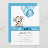 我々は真摯に待つことができるテディベア少年の赤ちゃんシャワー 招待状 (正面/裏面)