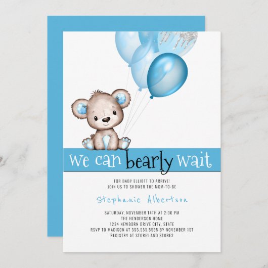 我々は真摯に待つことができるテディベア少年の赤ちゃんシャワー 招待状 (正面/裏面)