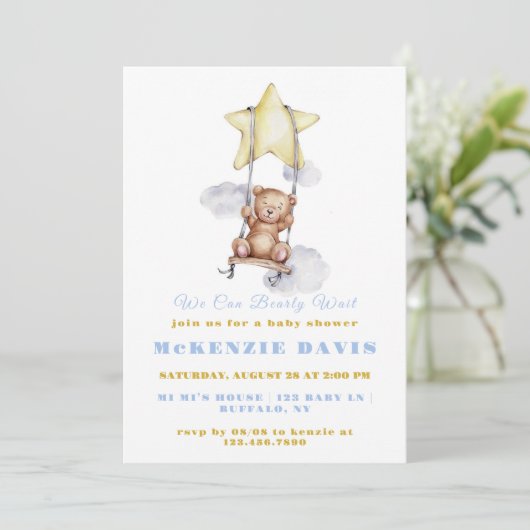 我々は真摯に待つことができるテディベア少年の赤ちゃんシャワー 招待状 (スタンド正面)