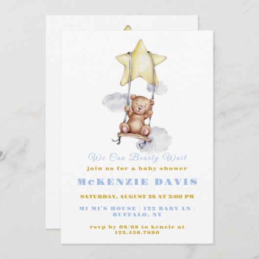 我々は真摯に待つことができるテディベア少年の赤ちゃんシャワー 招待状 (正面/裏面)