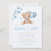 我々は真摯に待つことができるテディベア少年の赤ちゃんシャワー 招待状 (正面)