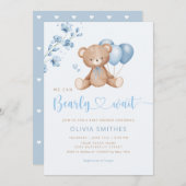 我々は真摯に待つことができるテディベア少年の赤ちゃんシャワー 招待状 (正面/裏面)