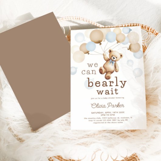 我々は真摯に待つことができるテディベア少年の赤ちゃんシャワー 招待状