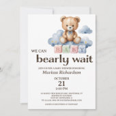 我々は真摯に待つことができるテディベア少年の赤ちゃんシャワー 招待状 (正面)