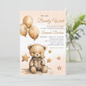 我々は真摯に待つことができるテディベア少年の赤ちゃんシャワー 招待状 (スタンド正面)