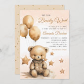 我々は真摯に待つことができるテディベア少年の赤ちゃんシャワー 招待状 (正面/裏面)