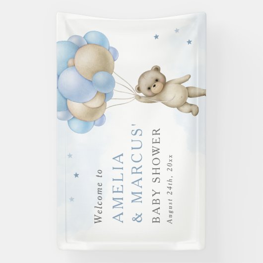 我々は真摯に待つことができるテディベア少年の赤ちゃんシャワー 横断幕 (縦)