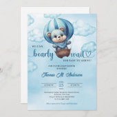 我々は真摯に待つことができるテディベア男の子ベビーシャワー 招待状 (正面/裏面)