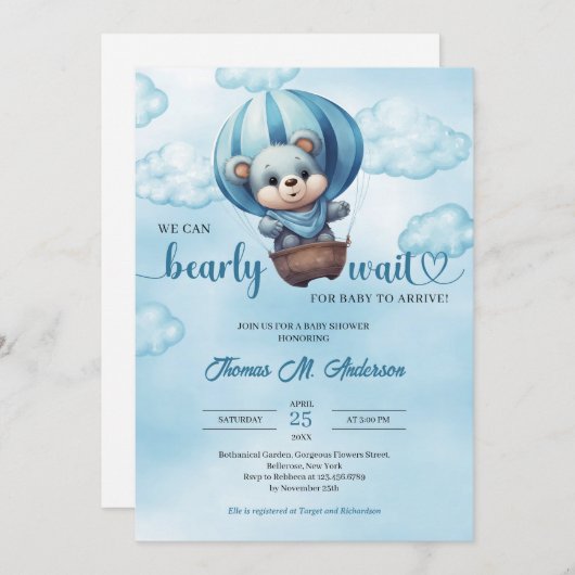 我々は真摯に待つことができるテディベア男の子ベビーシャワー 招待状 (正面/裏面)