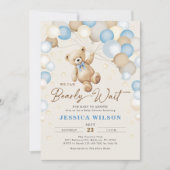 我々は真摯に待つことができるテディベア男の赤ちゃんシャワー 招待状 (正面)