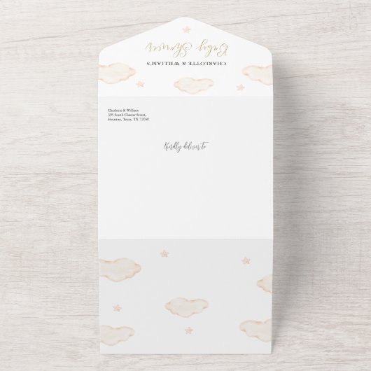 我々は真摯に待つことができるテディベア赤ちゃんシャワー オールインワン招待状 (外側)