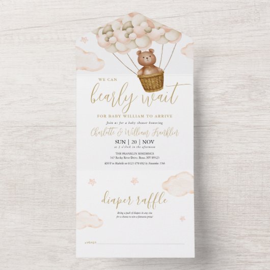 我々は真摯に待つことができるテディベア赤ちゃんシャワー オールインワン招待状 (内側)