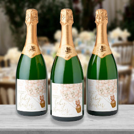 我々は真摯に待つことができるテディベア赤ちゃんシャワー スパークリングワインラベル