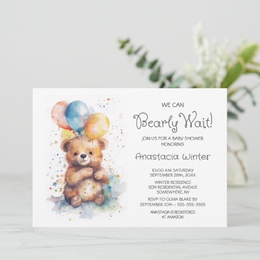 我々は真摯に待つことができるテディベア赤ちゃんシャワー 招待状 (スタンド正面)
