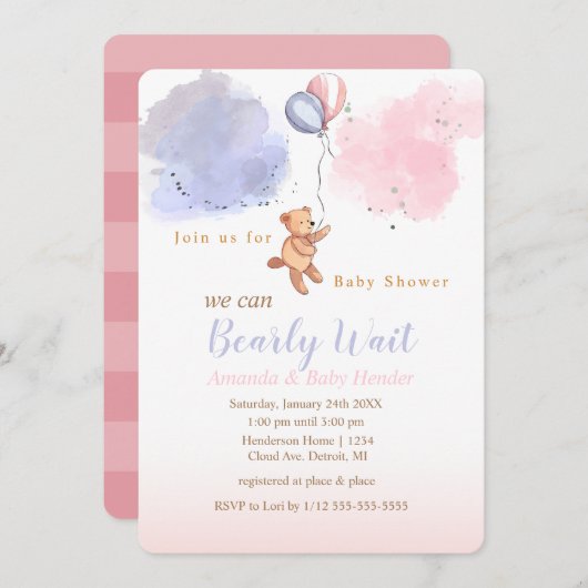 我々は真摯に待つことができるテディベア赤ちゃんシャワー 招待状 (正面/裏面)