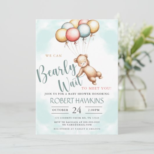 我々は真摯に待つことができるテディベア赤ちゃんシャワー 招待状 (スタンド正面)