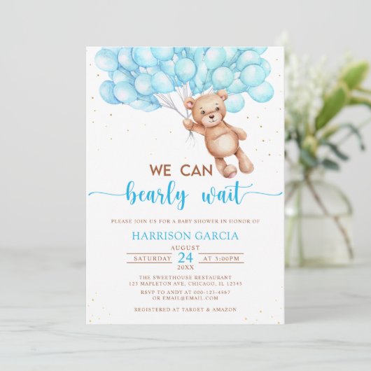 我々は真摯に待つことができるテディベア赤ちゃんシャワー 招待状 (スタンド正面)