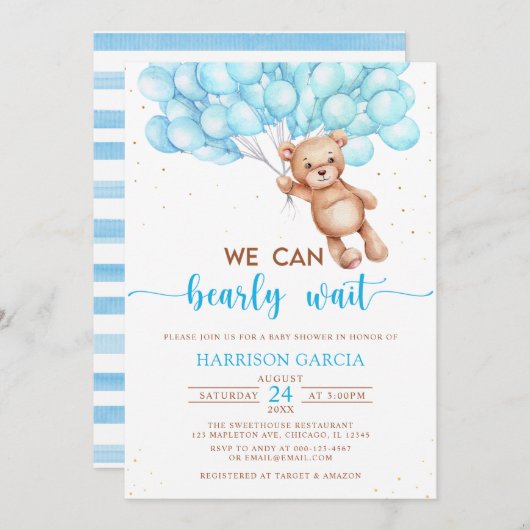 我々は真摯に待つことができるテディベア赤ちゃんシャワー 招待状 (正面/裏面)