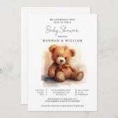 我々は真摯に待つことができるテディベア赤ちゃんシャワー 招待状 (正面/裏面)