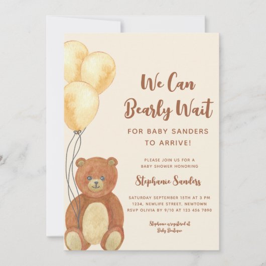 我々は真摯に待つことができるテディベア赤ちゃんシャワー 招待状 (正面)