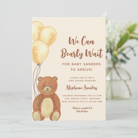 我々は真摯に待つことができるテディベア赤ちゃんシャワー 招待状 (スタンド正面)