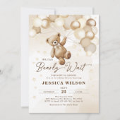 我々は真摯に待つことができるテディベア赤ちゃんシャワー 招待状 (正面)