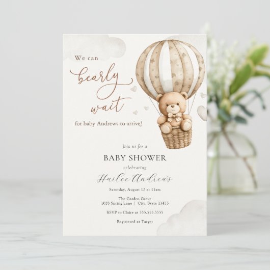 我々は真摯に待つことができるテディベア赤ちゃんシャワー 招待状 (スタンド正面)