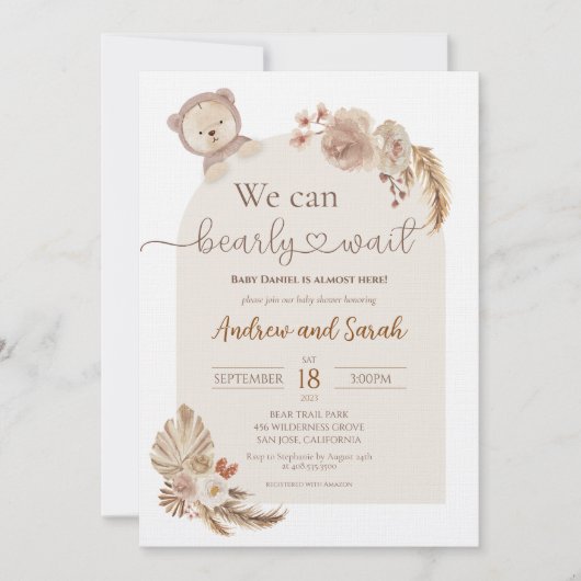 我々は真摯に待つことができるテディベア赤ちゃんシャワー 招待状 (正面)