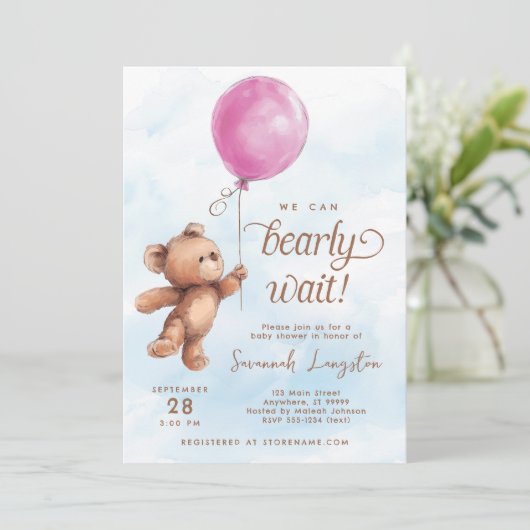 我々は真摯に待つことができるテディベア赤ちゃんシャワー 招待状 (スタンド正面)