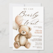 我々は真摯に待つことができるテディベアQRコード赤ちゃんシャワー 招待状 (正面)