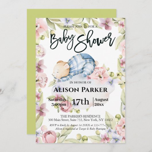 我々は真摯に待つことができ男の子ベビーシャワー招待状 シーズンカード (正面/裏面)