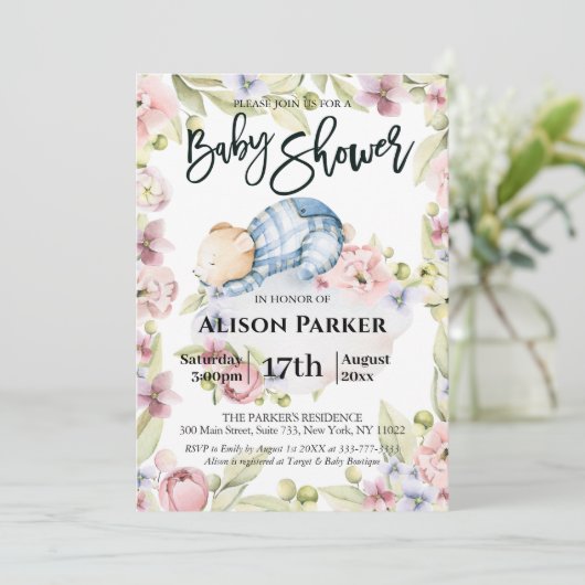 我々は真摯に待つことができ男の子ベビーシャワー招待状 シーズンカード (スタンド正面)